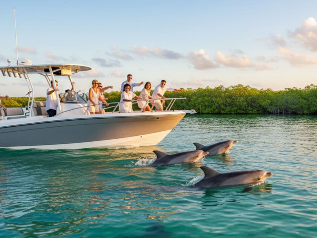 dolphins swimming beside a boat