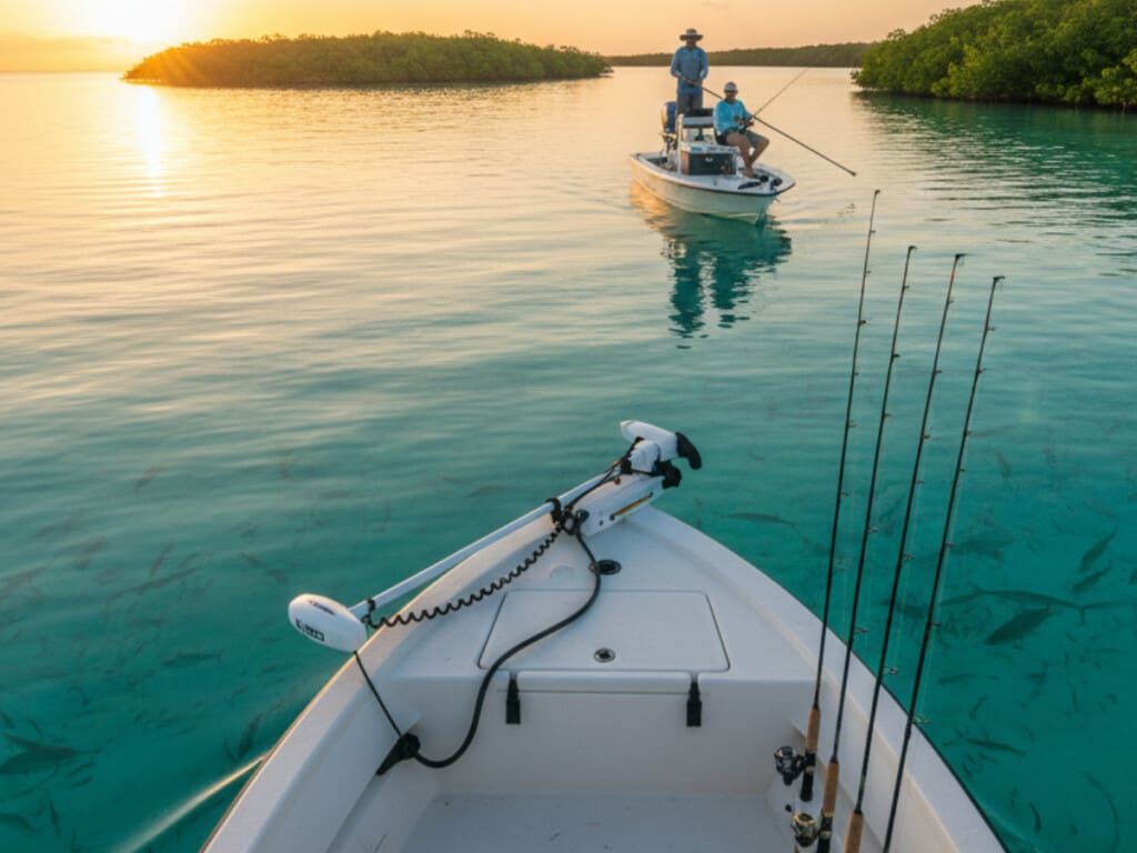 view from a fishing boat with another fishing boat ahead
