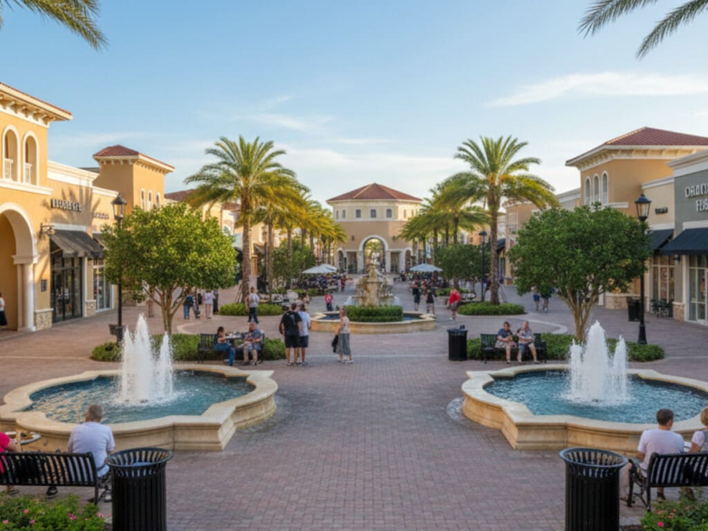 outdoors courtyard with fountains at coconut point mall