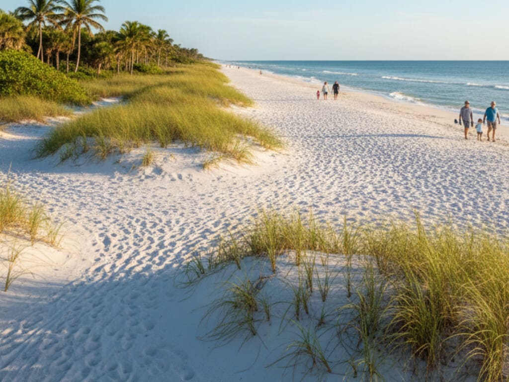 sear grass and palm trees on barefoot beach with people walking in background