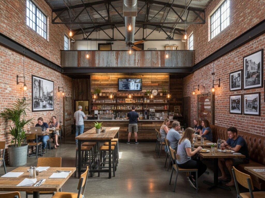 people sitting at tables in the warehouse cafe