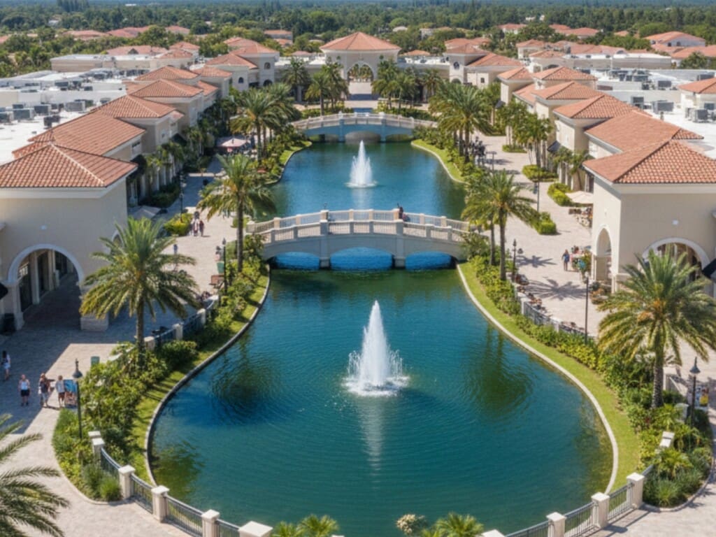 aerial shot with bridge and fountains at Miromar outlets