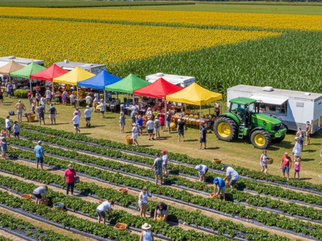 aerial shot of people walking through rows of vegetables at a farm