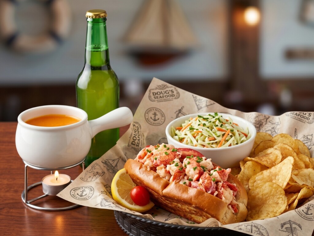 seafood sandwich and chips from dougs seafood