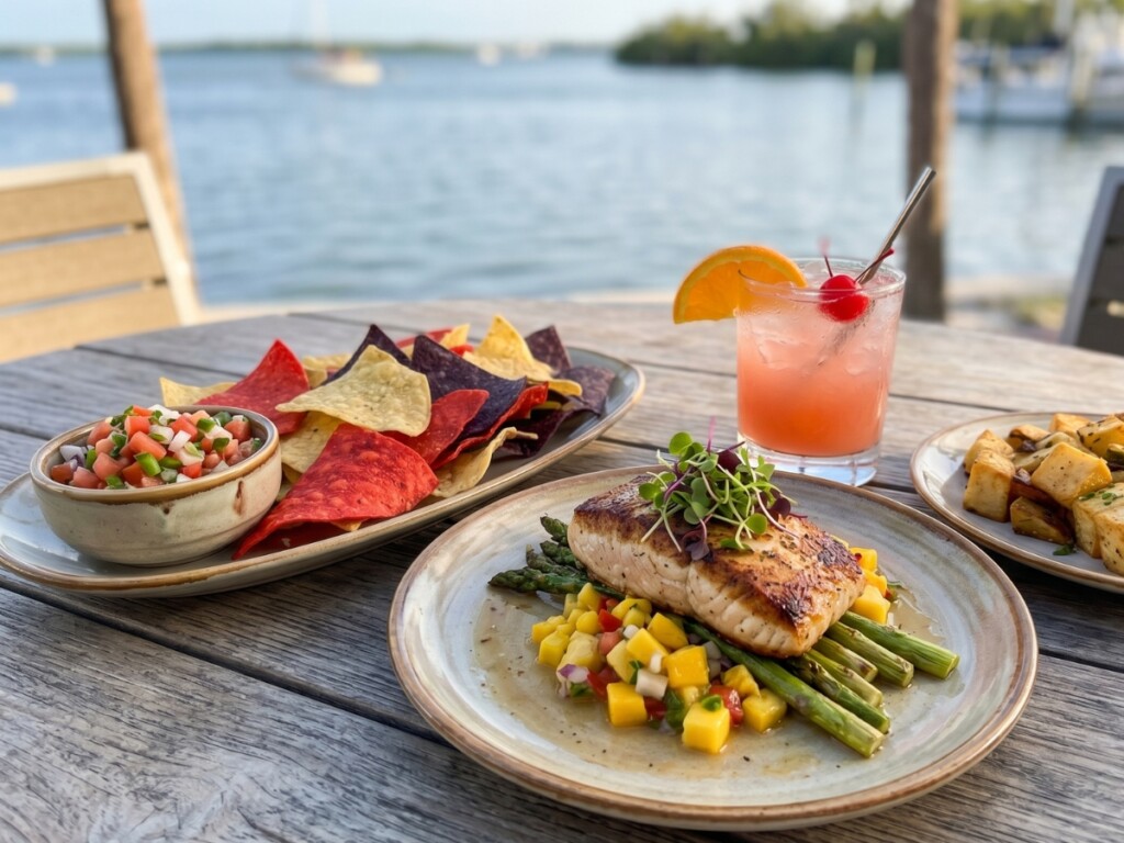 entrees and appetizers on an outdoor table at Flippers