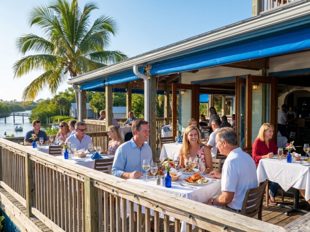 people eating on the outdoor patio at the fish house